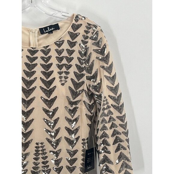 Lulus Shine On Me Nude Gunmetal Mesh Sequin Mini Dress 3/4 Sleeves Sz Large NWT - Picture 3 of 7